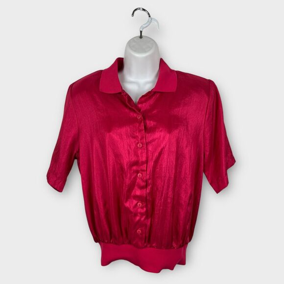 Vintage Judy Bond Pink Red Nylon Sweaterwaist Top Short Sleeve Button Front 10 - Picture 1 of 6